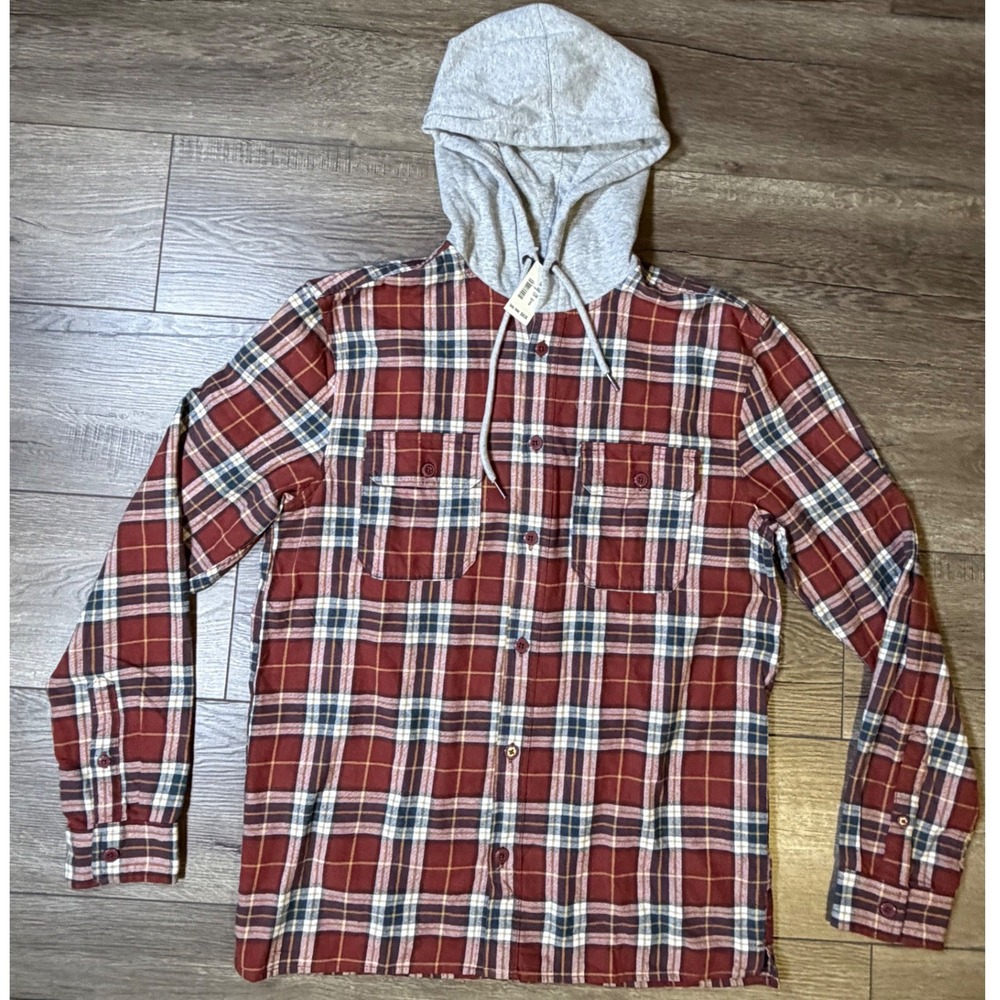 Aeropostale Mens Plaid Hooded Flannel Shirt Red Grey Size S 3596 NEW
